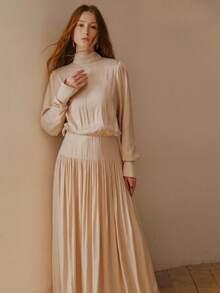 MOTF PREMIUM ELEGANT SATIN GATHERED HIGH NECK CINCHED WAIST DRESS FOR WOMEN, SPRING/SUMMER - Apricot - View 6