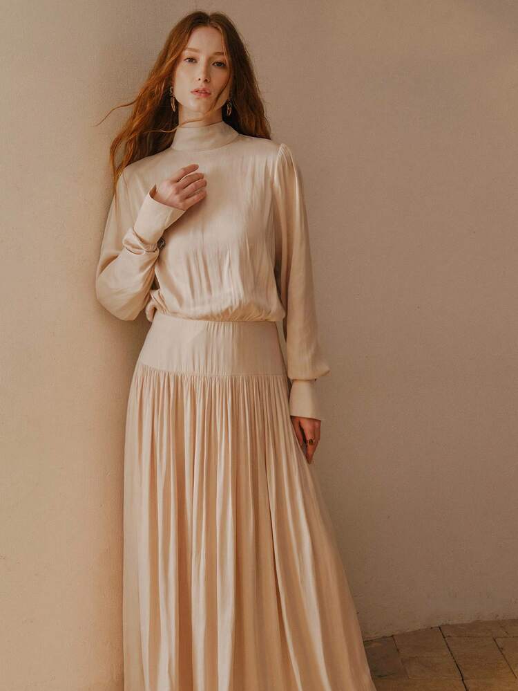 ELEGANT SATIN GATHERED HIGH NECK CINCHED WAIST DRESS FOR WOMEN, SPRING/SUMMER