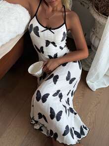 SHEIN Butterfly Backless Butterfly Print Women Long Nightgown - White - View 2