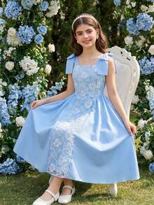 SHEIN 1件女童优雅花卉提花吊带可拆卸蝴蝶结装饰修身拉链后背连衣裙，适合日常穿着、聚会、派对、正式场合 - 藍色 - 查看 8