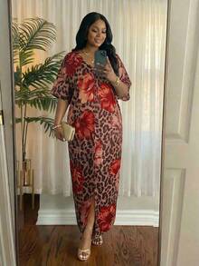 SHEIN Lady CURVE 春夏休闲优雅波西米亚风黑色编织V领直筒束腰连衣裙卡夫坦长款加大码连衣裙复活节连衣裙女士春季服装女士度假服装女士沙滩服装女士沙滩度假连衣裙婚礼宾客连衣裙女士商务休闲女士舞会礼服 - 彩色 - 查看 1