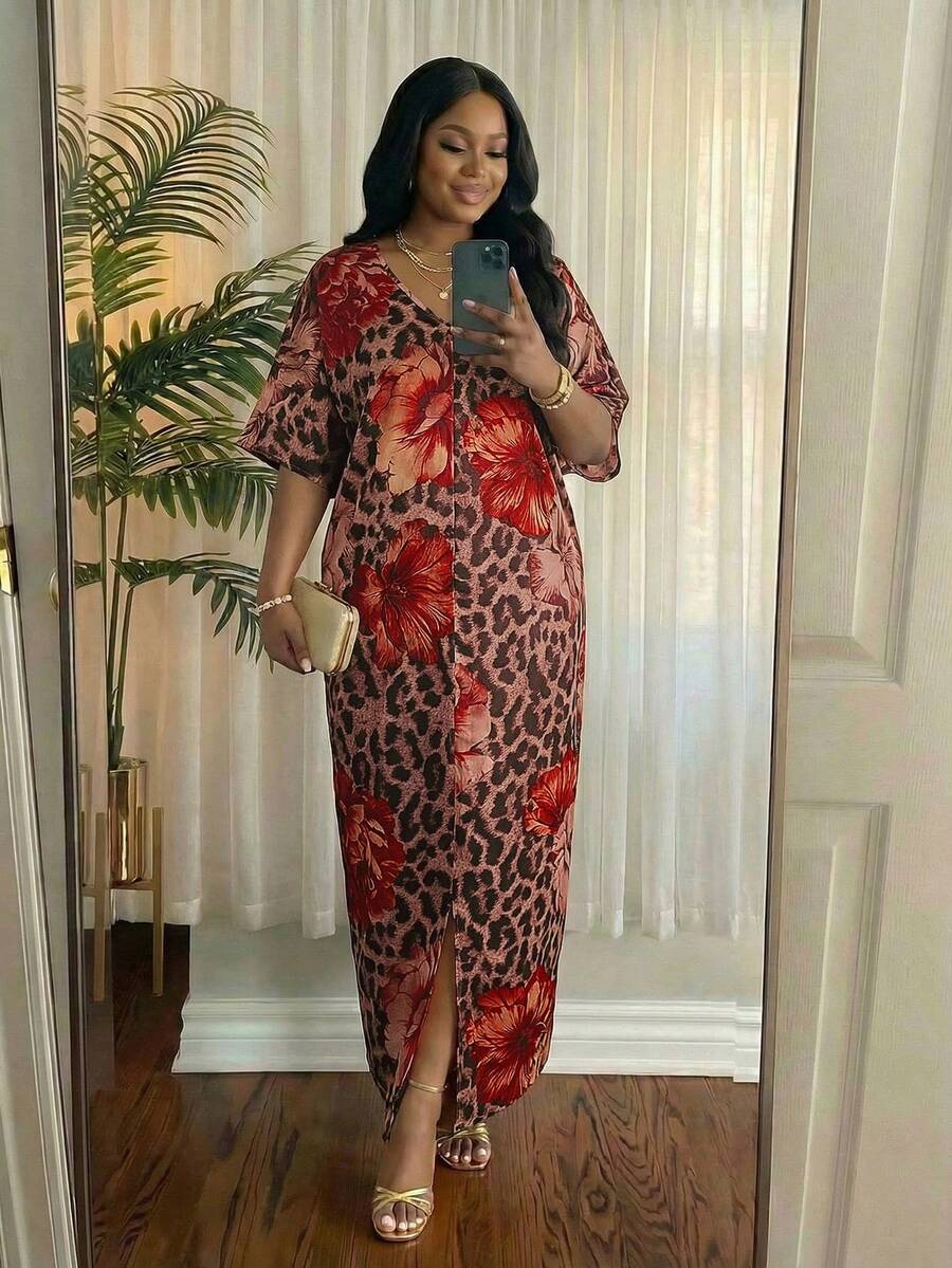 SHEIN Lady CURVE 春夏休闲优雅波西米亚风黑色编织V领直筒束腰连衣裙卡夫坦长款加大码连衣裙复活节连衣裙女士春季服装女士度假服装女士沙滩服装女士沙滩度假连衣裙婚礼宾客连衣裙女士商务休闲女士舞会礼服 - 彩色 - 查看 1