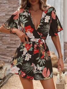 SHEIN Holidaya Tropical Print Casual Romper - Brown - View 4