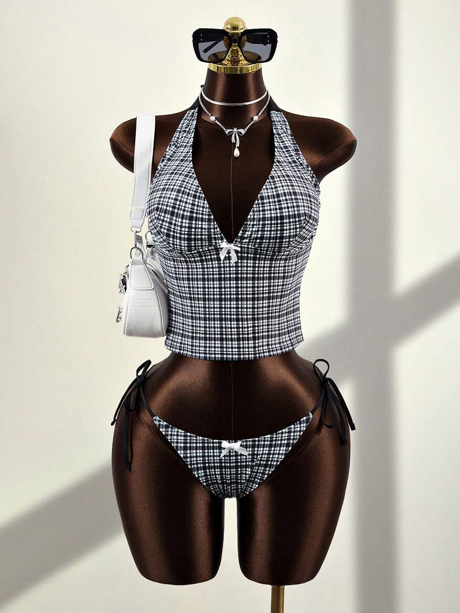 Zestiva 2 件套女士性感细肩带短款上衣和短裤泳衣套装，夏季 - 黑與白 - 查看 1