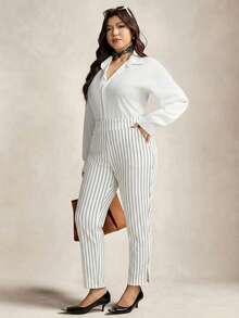 Zelara 大码女式休闲新年条纹印花通勤裤，带口袋，秋冬时尚休闲宽松舒适日常大码女裤，大码条纹裤，高弹力女裤 - 白色 - 查看 4