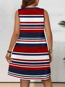 EMERY ROSE Plus Size Women Casual Minimalist Round Neck Sleeveless Striped Nautical Style Tennis Dress, Suitable For Summer - Multicolor - View 8