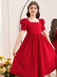 SHEIN 少女優雅方領羊腿袖珍珠裝飾蝴蝶結設計洋裝 - 紅色 - 查看 4