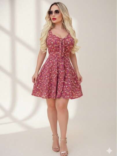 Vestido Corto Estampado con Lazo Frontal que simula un moño– Elegancia Tropical y Floral para Cócteles, Galas de Día, Playa y Verano