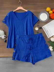 SHEIN LUNE 大码蓝色两件套圆领衬衫+短裤套装，宽松休闲纽扣装饰女装套装，女士夏季两件套，女士两件套，短款女士度假套装，休闲搭配套装，女士服装套装，女士短款套装，女士休闲短款套装 - 藍色 - 查看 7