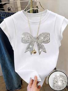 Resyla Camiseta casual de manga corta con cuello redondo, blanca y con lazo de strass para mujer - Blanco - Ver 1