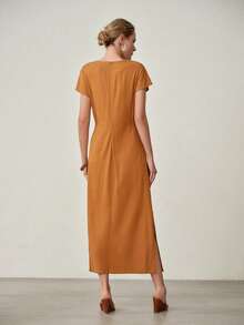 MOTF PREMIUM 夏季优雅别致法式亚麻圆领系腰连衣裙 - 黃色 - 查看 4