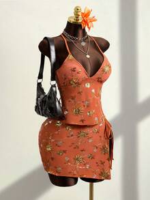 EgrlEra 女士串珠刺绣系带露背性感比基尼三件套，沙滩度假赤陶色半身裙，橙色碎花半身裙，焦橙色半身裙，锈红色半身裙 - 橘色 - 查看 5