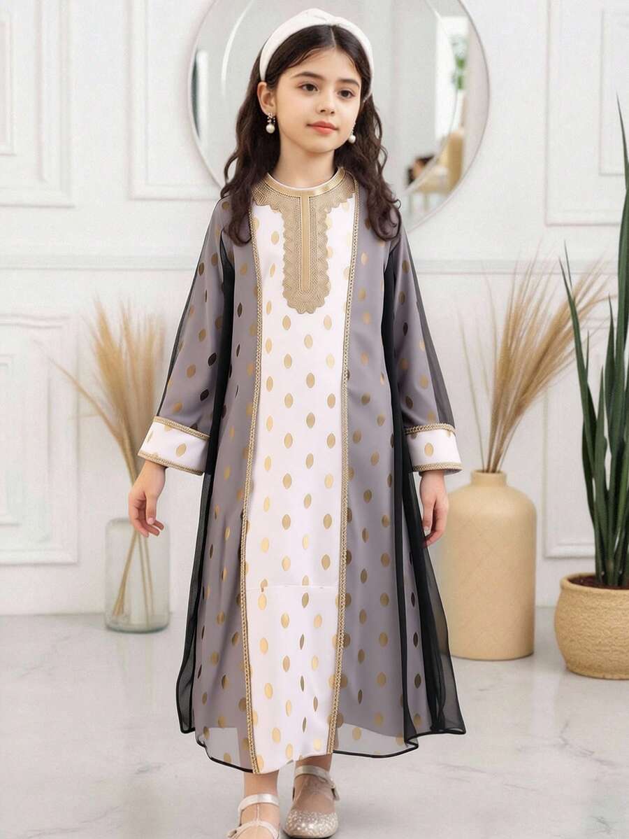 女童白色波点箔印金色花卉滚边长袖连衣裙，配黑色网纱罩衫，中东时尚奢华两件套 - 白色 - 查看 1