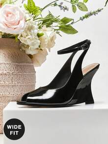 SHUZIA Women's Wide-Fit Peep Toe Ankle Strap Wedge Sandals - Black - View 7