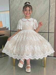 SHEIN Tween Girl Elegant Doll Collar Mesh Embroidered Fabric Dress - White - View 7
