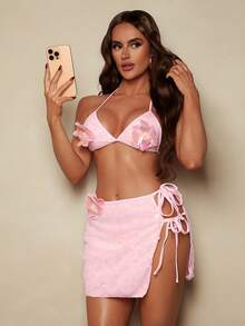 Swim SXY 3pcs/Set New Sequin Floral Bikini Swimsuit With Sequin Skirt, Women - Pink - View 1