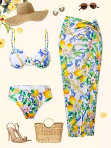 Swim Oasis Women's 3-Piece Swimwear Set: Lemon Chain Print Ruched Halter Top, Adjustable Straps, High-Waisted Twisted Side Slit Skirt, Fashion High-End Style, Summer - Multicolor - View 3