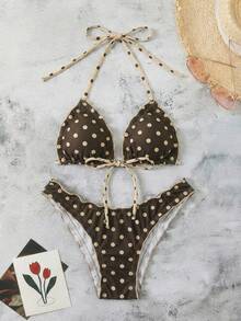 Swim Mod Bộ bikini 2 mảnh mùa hè dành cho nữ, họa tiết chấm bi, dây đeo gợi cảm, thắt nơ, thích hợp cho kỳ nghỉ biển. - màu nâu - Xem 3