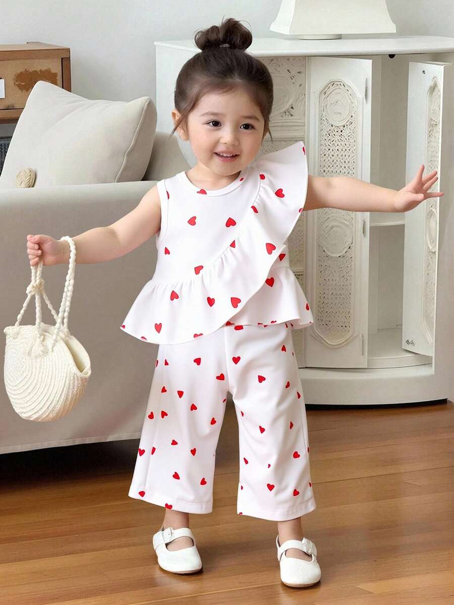 2pcs/Set Baby Girl Knitted Ruffle Design Top & Heart Print Straight Pants Outfit, Fashionable Casual Clothing For Valentine's Day - White - View 1