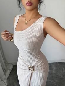 Elenzga 女士纯色时尚扭结长裙，不对称领口针织纹理紧身包臀裙，扭结开衩设计，优雅女士服装，秋季女装，冬季女士端庄服饰 - 杏色 - 查看 5