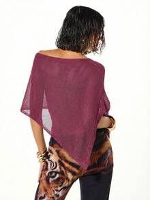 SUMWON WOMEN Sequined Asymmetric Shawl Knit Top With Off Shoulder Design Crochet Style Metallic Shimmer Evening Pullover Loose Fit Draped - Red Violet - View 2