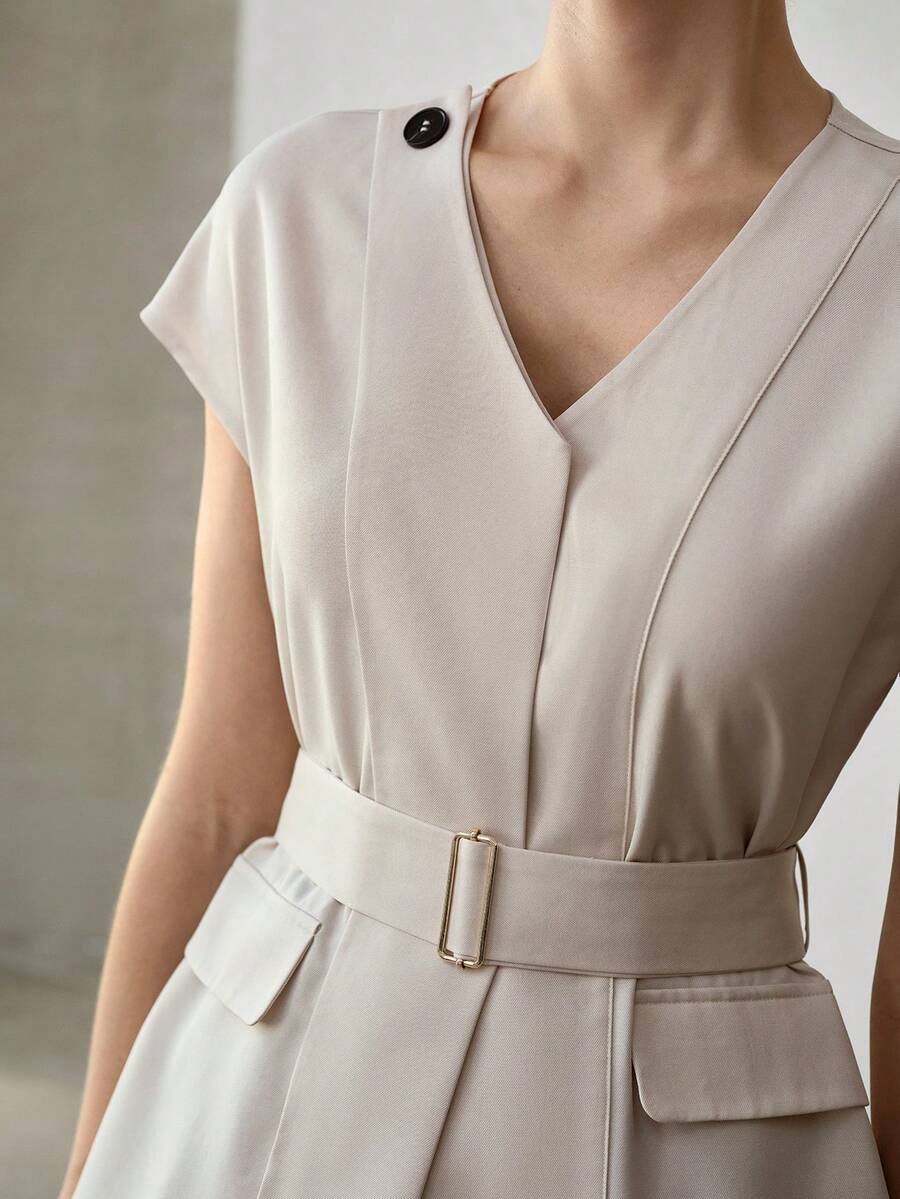 MOTF PREMIUM WOMEN'S SHORT SLEEVE V-NECK BELTED BLOUSE WITH STYLISH DESIGN, CHIC AND SLIMMING - Apricot - View 1