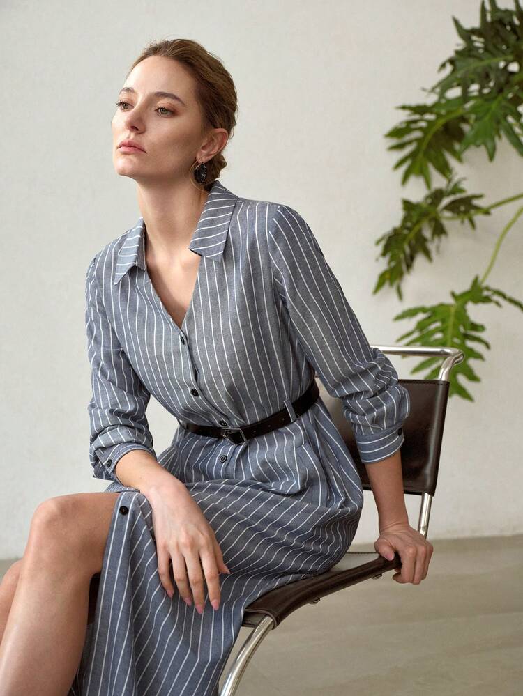 V-NECK STRIPED LONG SLEEVE LINEN MID-LENGTH DRESS FOR WOMEN