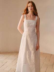 MOTF PREMIUM LIGHTWEIGHT ELEGANT WHITE STRAPS LACE TRIM FLARED HOLLOW OUT DRESS FOR WOMEN, SPRING/SUMMER - White - View 3