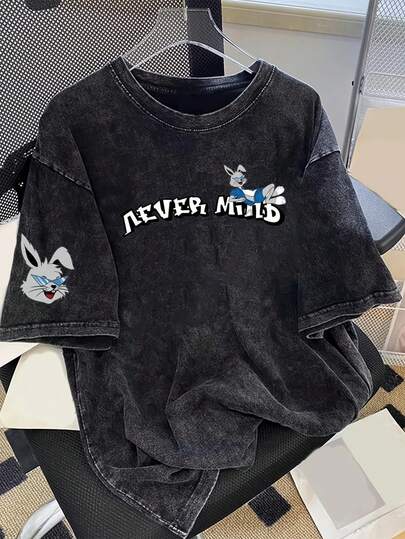 Manfinity Joysei Camiseta de algodón lavado con estampado de conejo, casual de verano para hombres