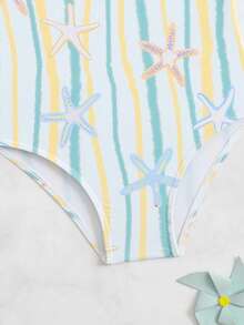 女童可爱海星印花连体泳衣，简约时尚，速干舒适针织面料，适合海滩、泳池、冲浪、度假、夏季穿着。 - 彩色 - 查看 5