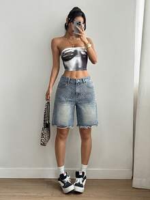 SHEIN Women's Fashion Casual Rhinestone Embellished Wide Leg Denim Shorts - Light Wash - View 4