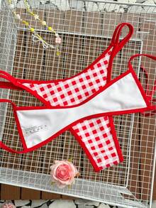Swim Mod 2026 New Spring/Summer Women 2pcs Random Plaid Print Bandeau Bikini Bottoms Beach Vacation Casual Cute Sexy Micro Bikini Set Set - Red and White - View 2