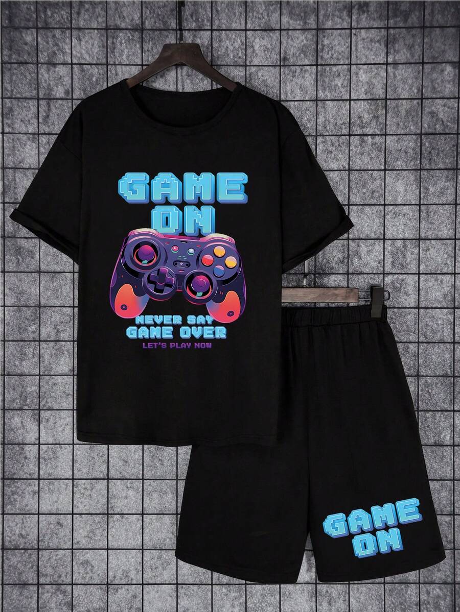 SHEIN Teen Boy's Casual Video Game Controller And Letter Print Short Sleeve Top And Shorts Set - Black - View 1