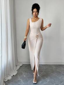 Elenzga 女士纯色时尚扭结长裙，不对称领口针织纹理紧身包臀裙，扭结开衩设计，优雅女士服装，秋季女装，冬季女士端庄服饰 - 杏色 - 查看 4