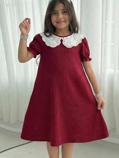 SHEIN Tween Girl Colorblock Peter Pan-krage Söt Klänning Med Puffärm