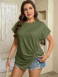 SHEIN LUNE Áo thun nữ cỡ lớn màu trơn cổ tròn tay cánh dơi vạt bất đối xứng kiểu dáng thường ngày - xanh quân đội - Xem 5