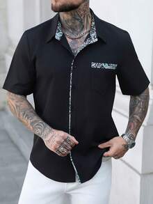 Manfinity Homme Men's Paisley Pattern Patchwork Black Short Sleeve Shirt - Black - View 5