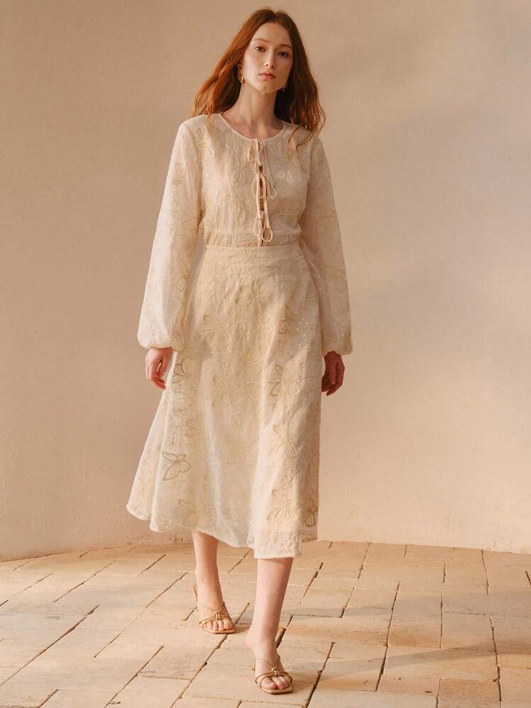FASHIONABLE & ELEGANT BEADED WAISTBAND BUTTERFLY EMBROIDERY HIGH WAIST SKIRT