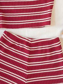 SHEIN Tween Girls' Summer Casual Vacation Striped Asymmetrical Shoulder Top And Shorts Set - Red - View 3