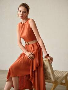 MOTF PREMIUM VESTIDO SIN CINTURÓN CON BAJO ASIMÉTRICO Y FLUIDO SIN MANGAS - Color caoba - Ver 1