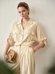 MOTF PREMIUM WOMEN'S APRICOT STYLISH WAIST ROLL TAB SLEEVE CINCHING JUMPSUIT - Apricot - View 6