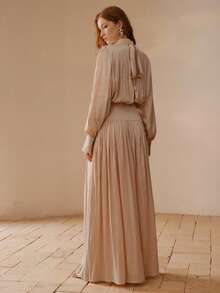 MOTF PREMIUM ELEGANT SATIN GATHERED HIGH NECK CINCHED WAIST DRESS FOR WOMEN, SPRING/SUMMER - Apricot - View 1