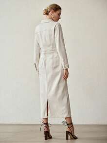 MOTF PREMIUM 时尚半开襟牛仔连衣裙，不带腰带 - 米色 - 查看 3