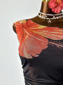 Zestiva Women's Floral Print Ruched Asymmetric-Shoulder Fitted Long Beach Cover Up Dress, Spring/Summer - Black - View 6