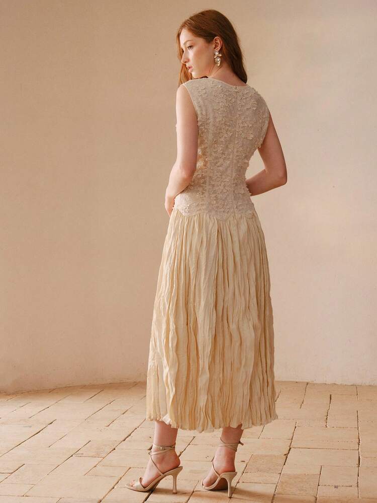 SPRING/SUMMER JACQUARD CREW NECK SLEEVELESS SEQUIN EMBELLISHED UNIQUE FABRIC FASHIONABLE ELEGANT ELEGANT IRREGULAR PLEATED FLARED HEM WOMEN DRESS