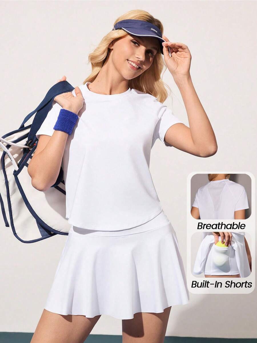 Bộ đồ thể thao 2 mảnh màu trơn dành cho nữ CourtClass - Áo tay ngắn và chân váy với phần lưới phía sau và điểm nhấn phản quang, đa năng cho tennis/golf/tập thể dục | Trang phục thể thao ngoài trời dành cho nữ - trắng - Xem 1