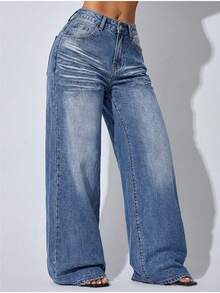 SHEIN Jeans rectos y sueltos de moda para mujer - Azul lavado medio - Ver 5