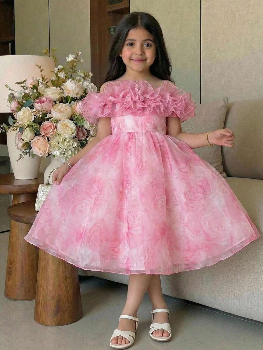 SHEIN Tween Girl Elegant Off-Shoulder Floral Print Ruffle Hem Mid-Length Dress - Pink - View 1