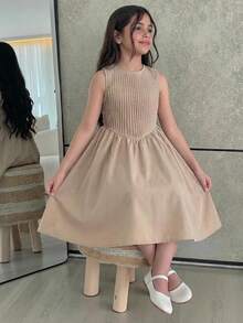 SHEIN 少女优雅褶皱圆领无袖连衣裙 - 杏色 - 查看 3