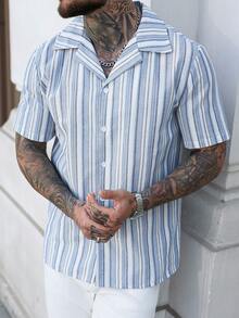 ARLO REED 男士单排扣休闲蓝色条纹短袖衬衫 - 藍色 - 查看 7